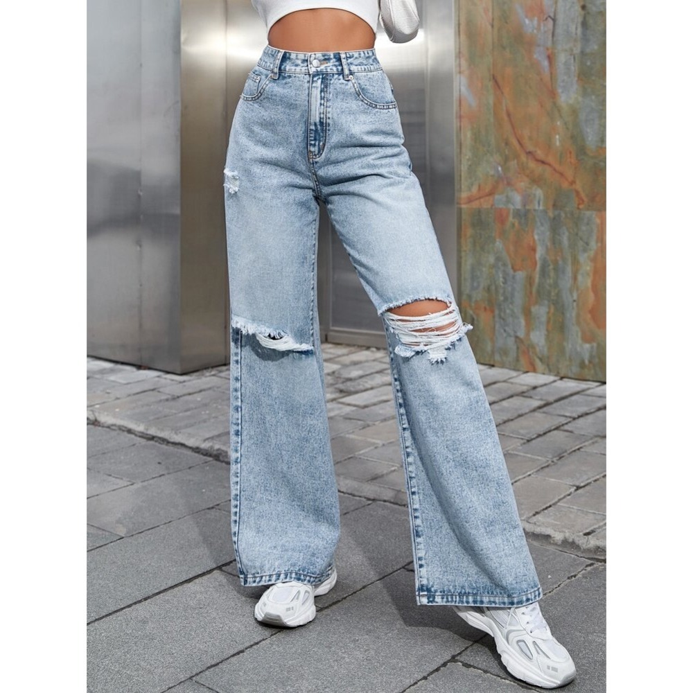 Grunge Tall Light Acid Wash Y2K Distressed Wide Leg High Waist Jeans Blue Large